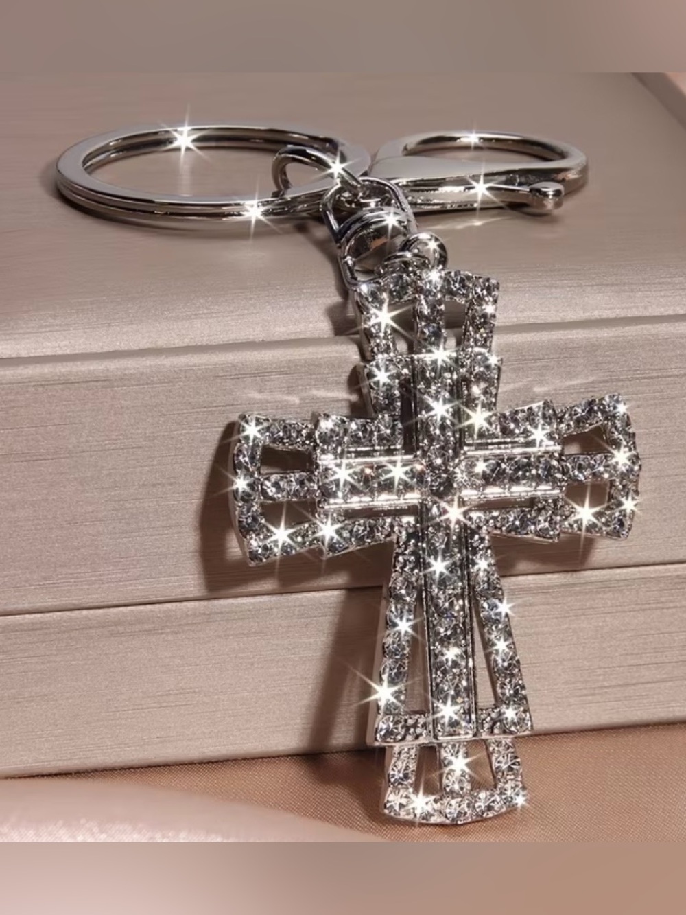 Silver Rhinestone Cross Keychain